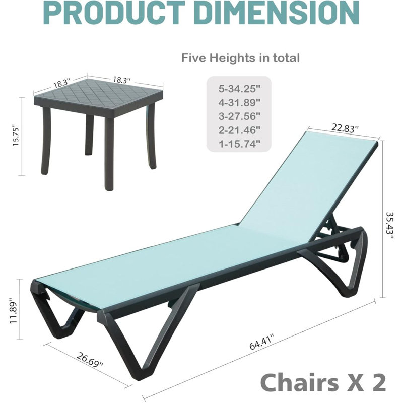 Outdoor Lounge Chair, Aluminum Plastic Patio Chaise Lounge With Side Table & 5 Position Adjustable Backrest & Wheels, All Weather Reclining Chair For Outside Beach Poolside Lawn,  Lake Blue