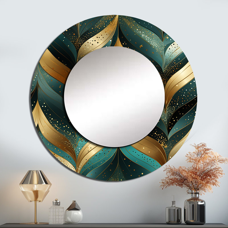 Or et vert doré rêverie chevron - miroir en marbre, miroir mural décoratif rond moderne, impression d'art en métal