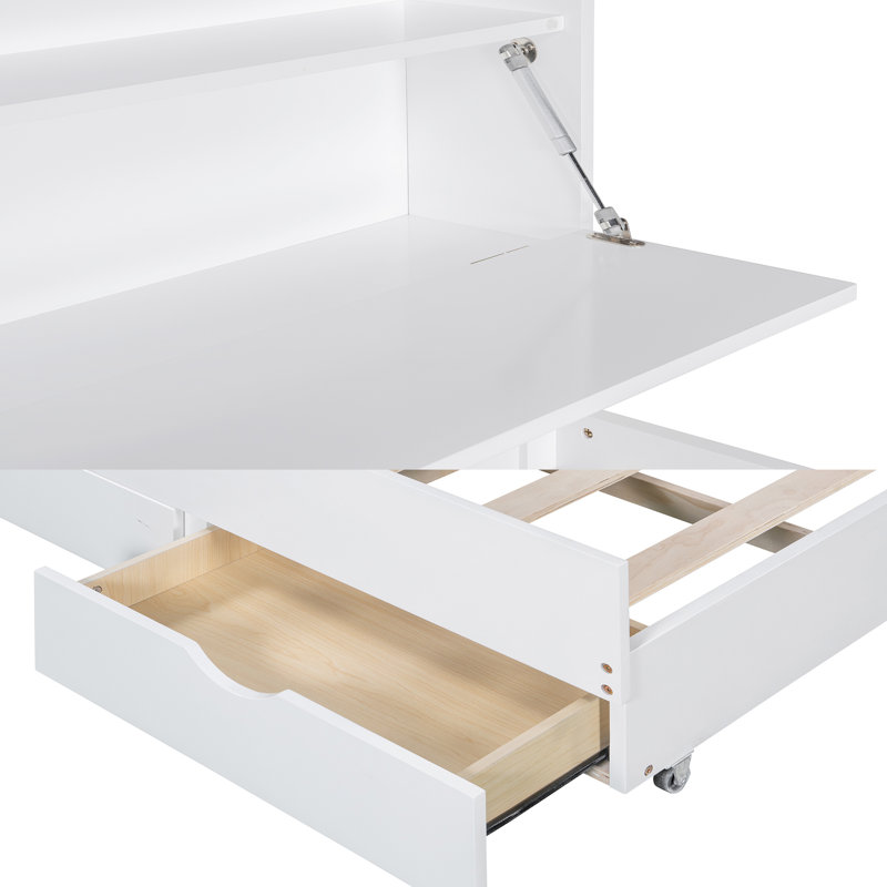 Lit plateforme double en bois avec lit gigogne, tête de lit et tiroirs, Blanc