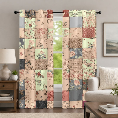 2Pcs Vintage Floral Patchwork Curtains, Retro Style Window Drapes, Romantic Countryside Rose Printed Art Grommet Panels, Home Decor for Bedroom Living Room