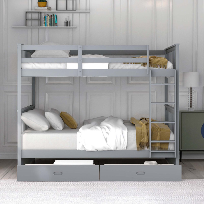 Lit superposé en bois avec échelles et 2 tiroirs de rangement, gris