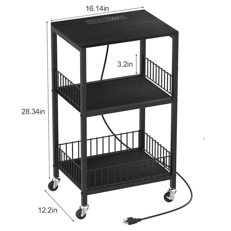 Chariot utilitaire mobile avec port de charge USB, organisateur de rangement en métal à 3 niveaux noir