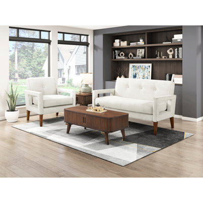 Salon moderne 2 pièces avec tissu en chenille beige, ressorts ensachés et pieds en noyer massif, housses de siège amovibles, structure en bois avec coussin de dossier à 3 places