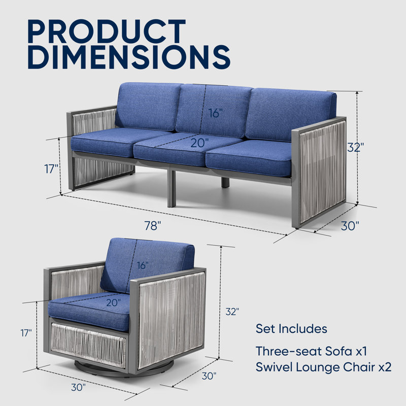 Trinie Outdoor 3-Piece PE Wicker Patio Set With Cushions, Blue