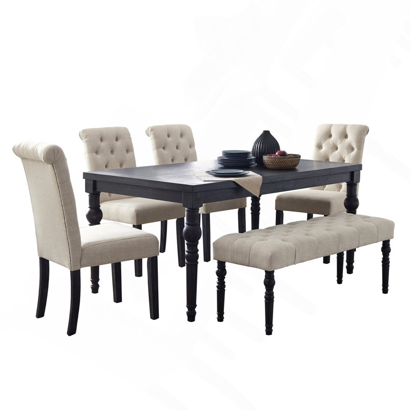 Urban Style Dark Wash Wood Dining Set, Dining Table with 4 Chairs and Bench