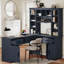 Bureau d'ordinateur antique en forme de L bleu avec 2 armoires, tiroirs, 11 tablettes, 1 tablette rabattable et prise de courant pour un travail confortable dans des tablettes ouvertes