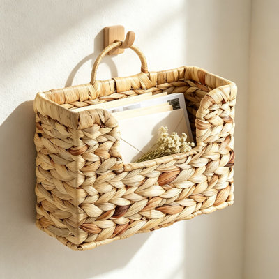 Panier mural en jacinthe d'eau tissée - Porte-revues et organisateur de courrier suspendus, pochette de rangement murale en osier naturel pour dossiers, livres, vestibule et décor de bureau