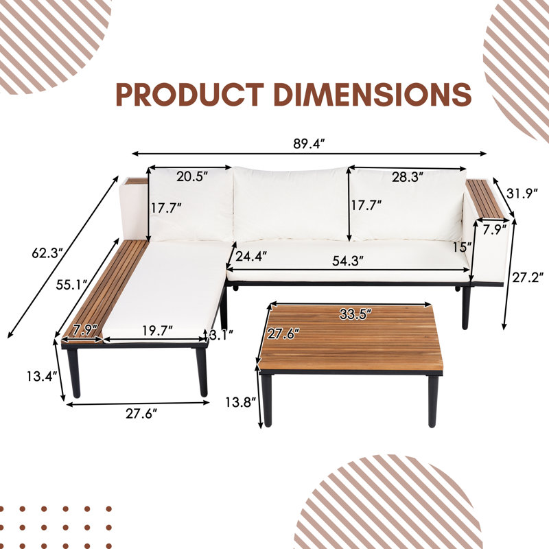Ensemble de canapé d'extérieur en L en bois d'acacia avec coussins amovibles, table basse et table d'appoint, canapé modulaire pour patio, cour arrière et porche