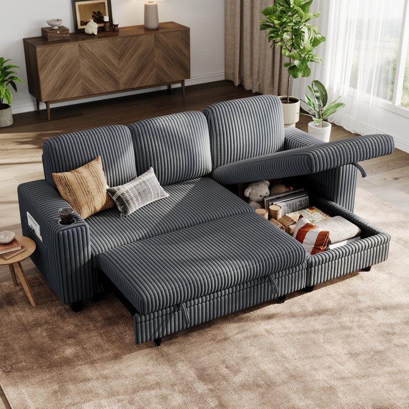 Sherry 81'' Upholstered L Shaped Modular Sectionals with Pull-out Sofa, Storage Chaise, USB Charging & Cup Holders, 3 Pieces