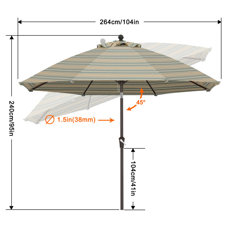 Parasol de marché en oléfine 9 'avec inclinaison et manivelle, Rayures bois de grève