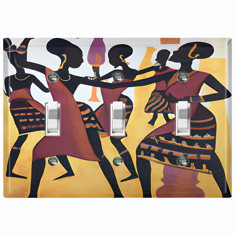 Native African Culture Women Beige Copper Rust Patina Teal Print 3 - Gang Toggle Light Switch Standard Wall Plate