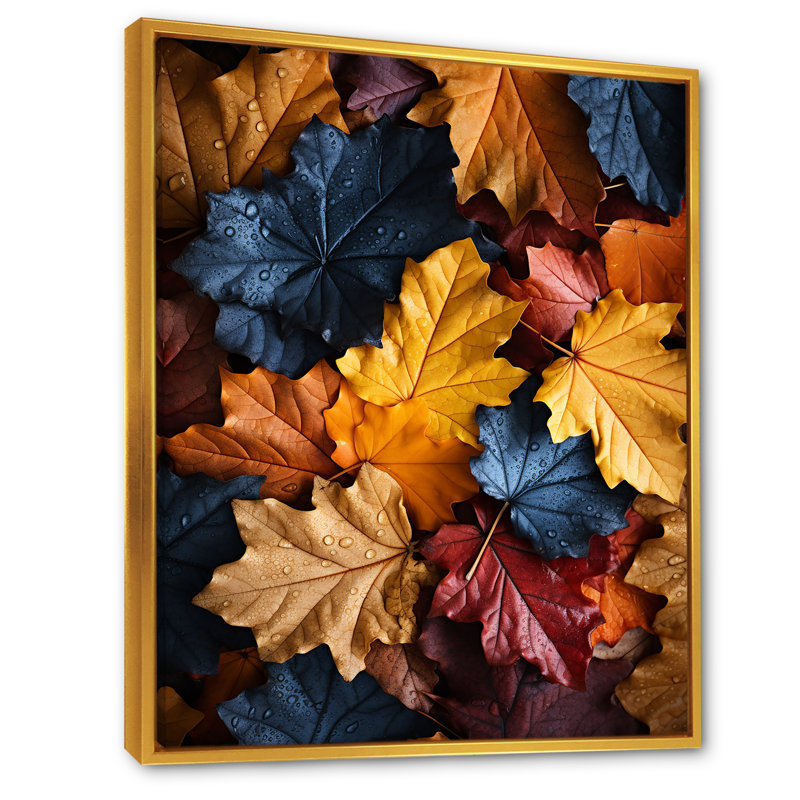 «Yellow Autumn Maple Leaves I» - art mural feuilles, Cadre flottant doré, H 44 po x l 34 po x P 1,5 po