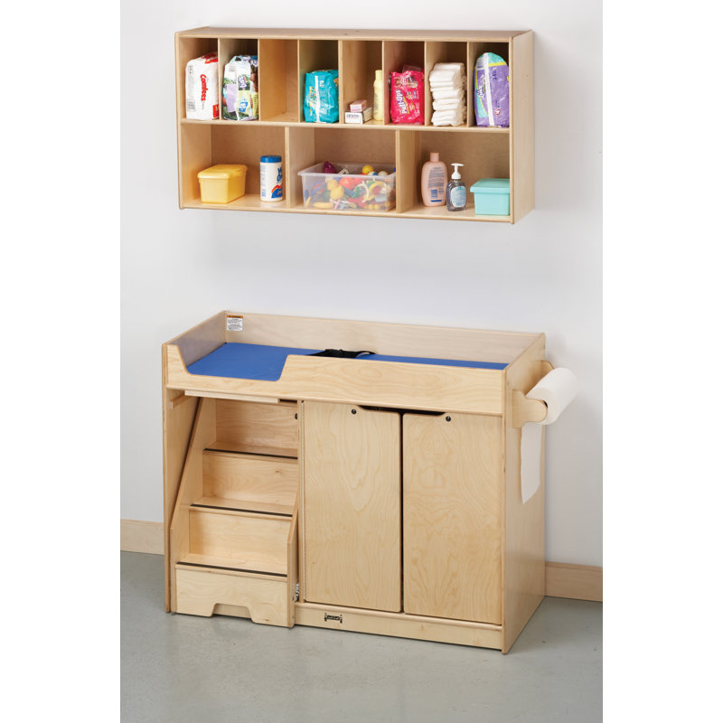 Natural Wood Changing Table with Pull-Out Stairs and Storage