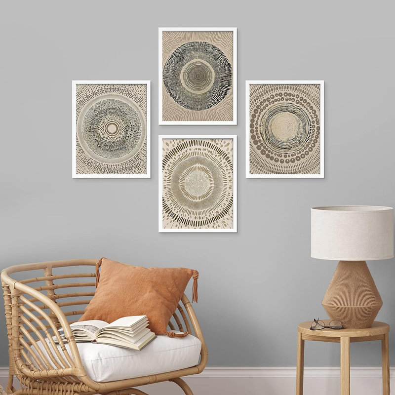 Muted Boho Abstract Geometric Bohemian Small Home Decor - Framed Poster Print 4 Pieces Wall Art Work, 14" H x 11" W, White