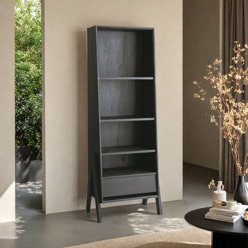 Une bibliothèque tendance de style wabi-sabi, (4 tablettes) H 71,20 po x l 25,10 po x P 15,70 po, Noir