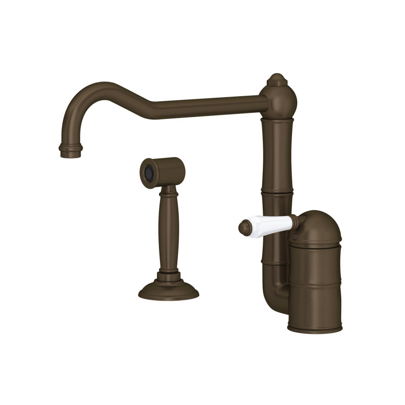 Acqui® Single Handle Kitchen Faucet, Tuscan Brass, With Side Spray, Porcelain Lever Handle