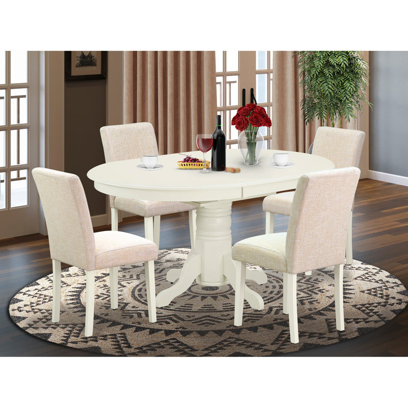 L'ensemble 5 pièces de table et chaises de cuisine comprend une table ovale en bois avec feuille papillon et 4 chaises Parsons en tissu de lin beige clair, 42 x 60 pouces, blanc lin
