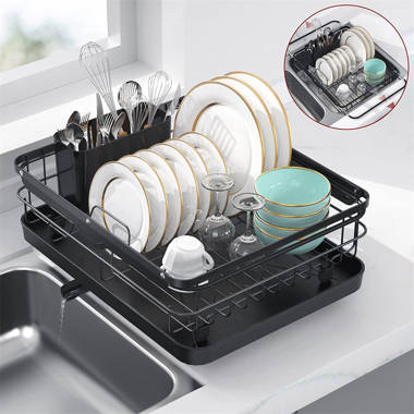 VNKZI Dish Drying Rack, 2 Tier Stainless Steel Multifunctional Large Dish Rack with Drainboard Set, Wine Glass Holder, Utensil Cutting Board Holder