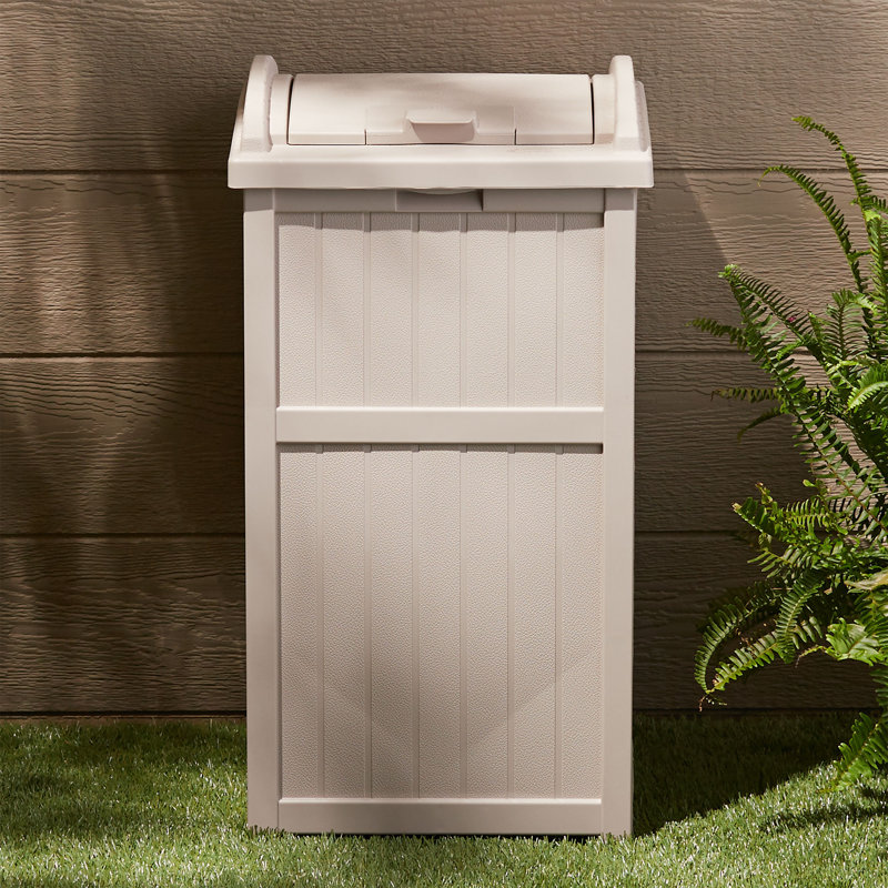 Taupe Resin Outdoor Trash Hideaway Container with Latching Lid