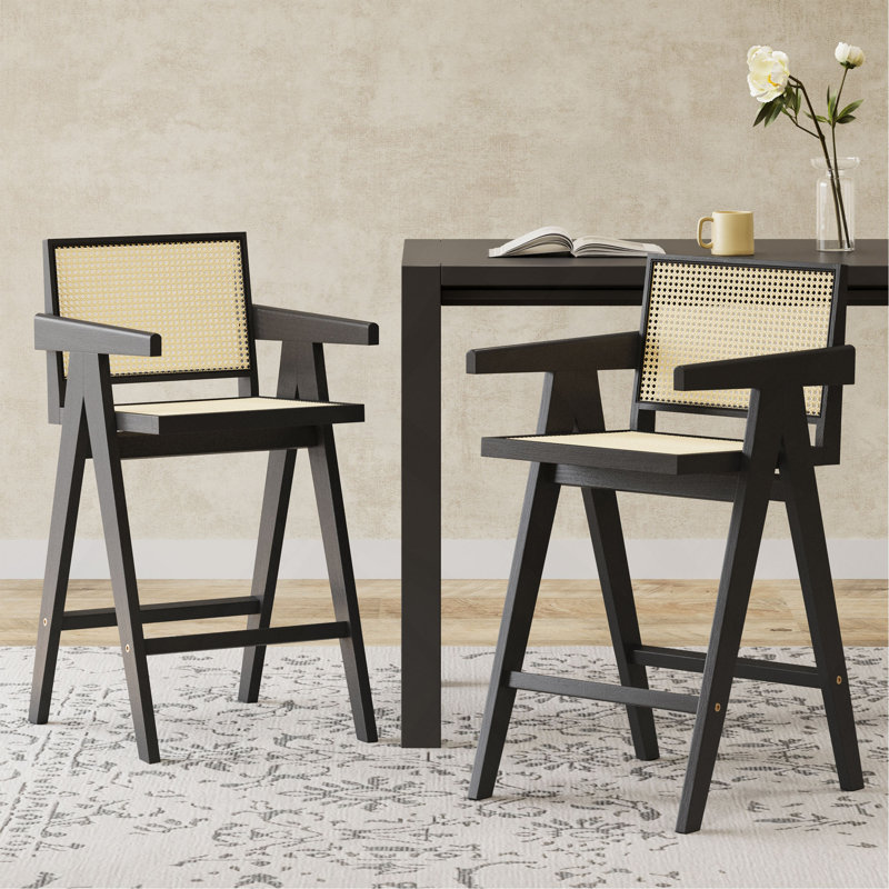 Tabouret de bar moderne avec siège canne, structure en bois massif, Noir