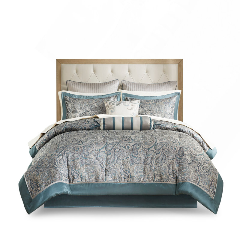 Ensemble d'édredon pour lit très grand 12 pièces avec draps en coton bleu sarcelle et motif cachemire gris