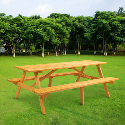 Table de pique-nique en bois brun pour 8 personnes, idéale pour le camping en plein air et le jardin avec 2 sièges