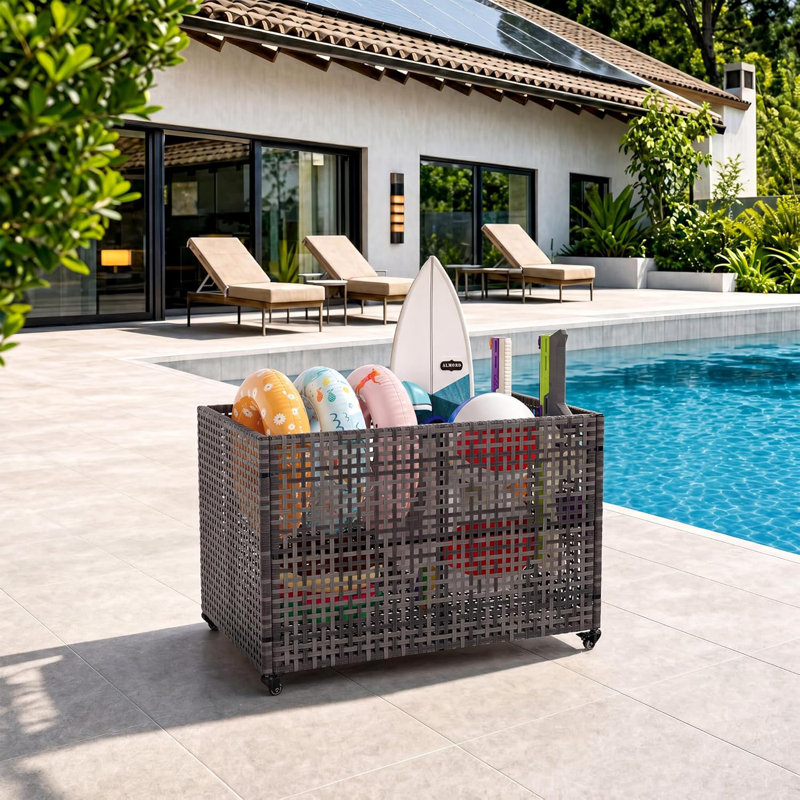Organisateur de rangement pour piscine avec roulettes, grand chariot roulant extérieur en mailles pour nouilles de piscine, jouets, flotteurs, équipement, bac de rangement de piscine robuste avec roulettes verrouillables