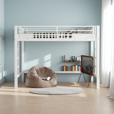 Metal Loft Bed, Loft Bed With Easy Climbing Ladder And Guardrails