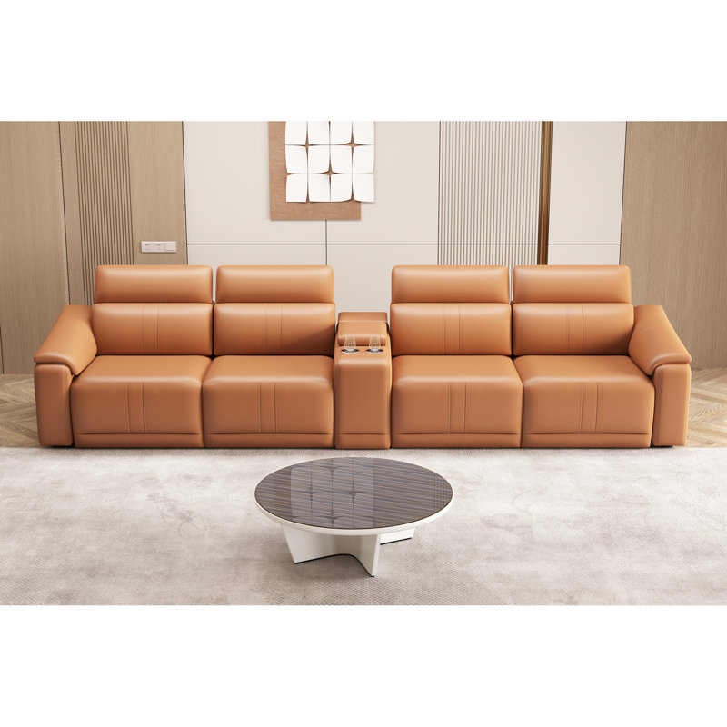 Canapé modulaire en cuir orange 5 pièces avec espace de rangement et sièges inclinables électriques, confortable pour un espace de vie principal, style moderne, rembourrage en coton technique,