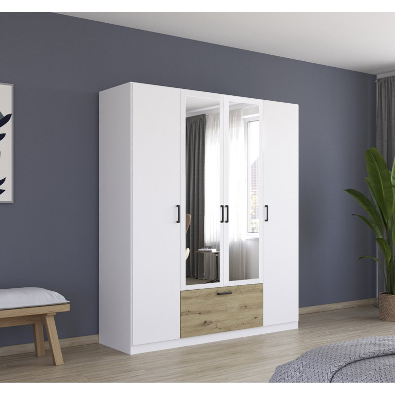 Bari hinged door wardrobe with practical drawers in the middle and handles, 210cm H x 181cm W x 54cm D