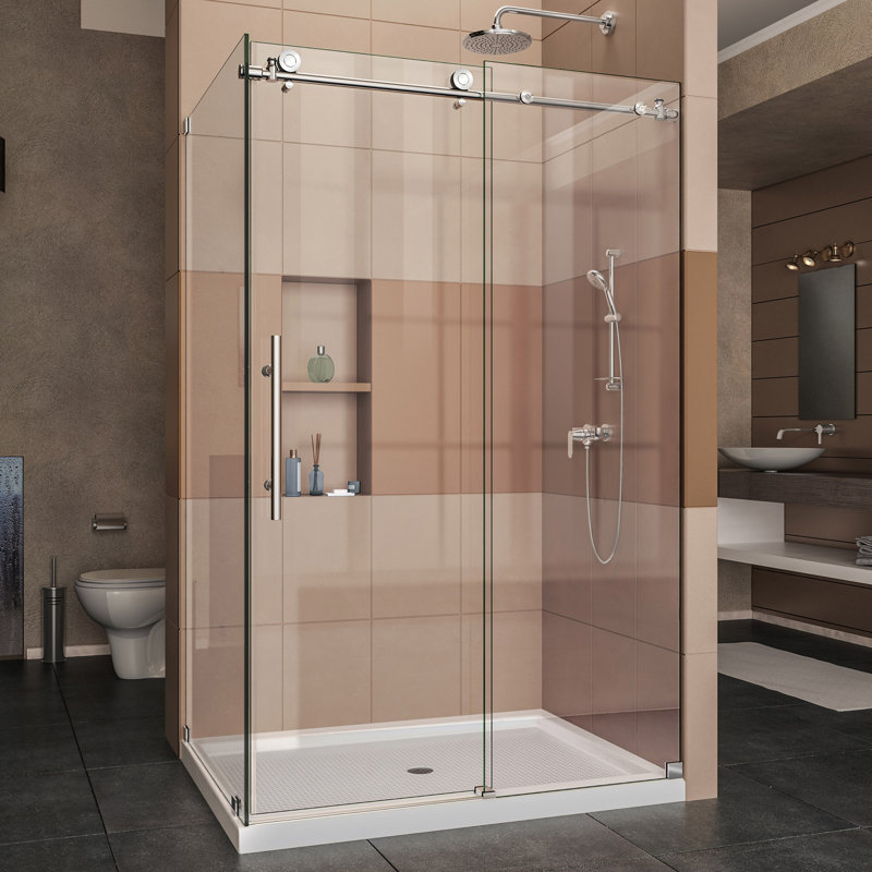 Cabine de douche coulissante simple sans cadre Enigma-X 48,375 "x 76" avec technologie Clear Max, Acier inoxydable poli