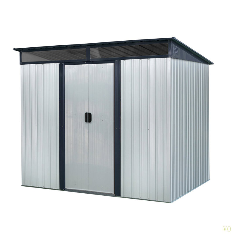 8Ft X 6Ft Outdoor Metal Storage With Lockable Sliding Doors And Transparent Plate For Garden, Lawn, White/Black