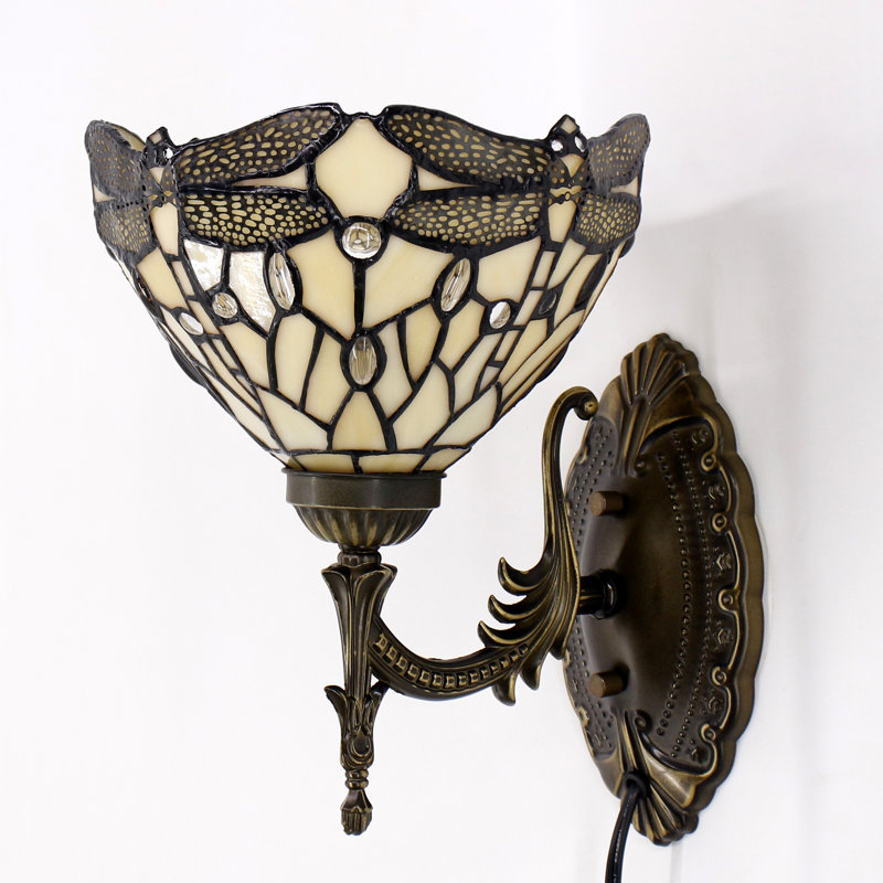 Applique murale Tiffany en verre teinté bleu 8 x 10,5 x 11 pouces pour lampe de chevet (style libellule ambre)