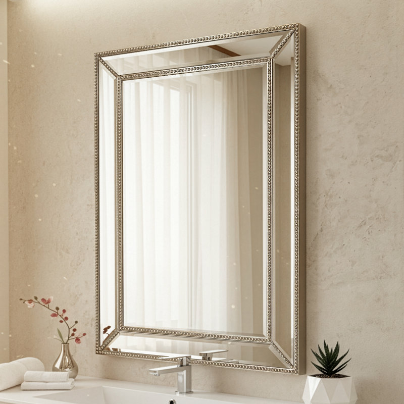 Metro Beaded 24x36" Champagne Silver Beveled Glass Framed Decorative Antique Venetian Vintage Mirror for Bathroom Vanity, Entryway Wall, Powder Room
