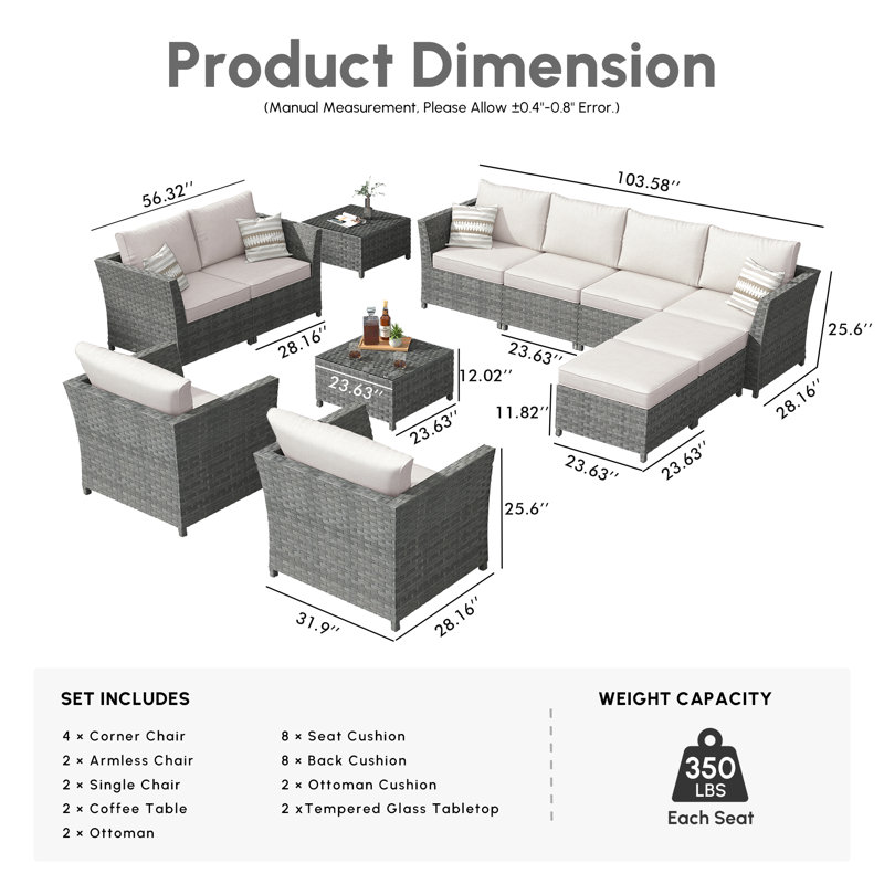 Koyno 10 - Person Patio Conversation Set with Cushions, Ivory, No