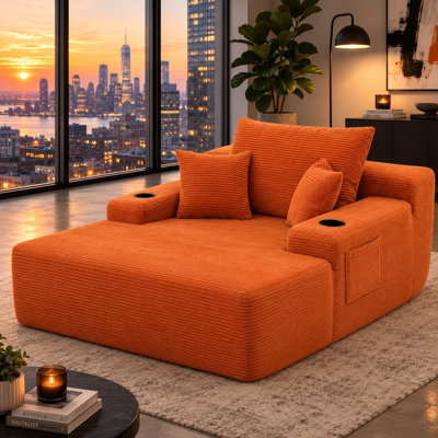 Convertible Chaise Lounge Chair with Wide Armrest, Throw Pillows & Cup Holder, Boneless Sleeper Sofa Bed Chair, No Assembly