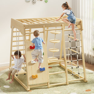 8 in 1 Extra Large Toddler Playset, Wooden Climber, Indoor Playground Jungle Gym, with Durable Rope & Sturdy Netting Connector