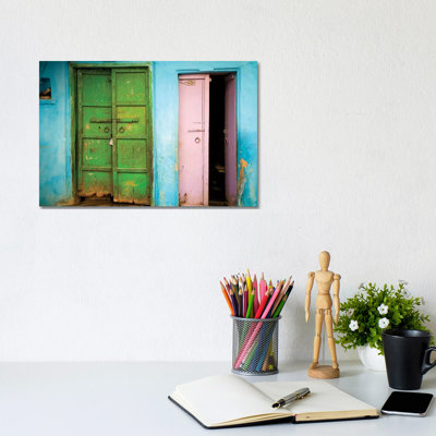 India, Rajasthan. Weathered House Door. by Jaynes Gallery - Wrapped Canvas Print