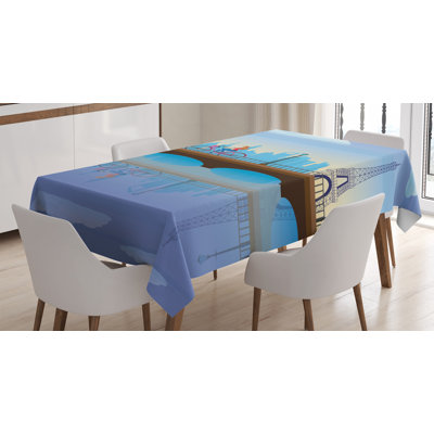 Ambesonne Landscape Tablecloth, Lady Cycling In France Fluffy Clouds Bridge Reflection On River Urban Lifestyle, Rectangular Table Cover For Dining Room Kitchen Decor, 60" X 84", Blue Brown