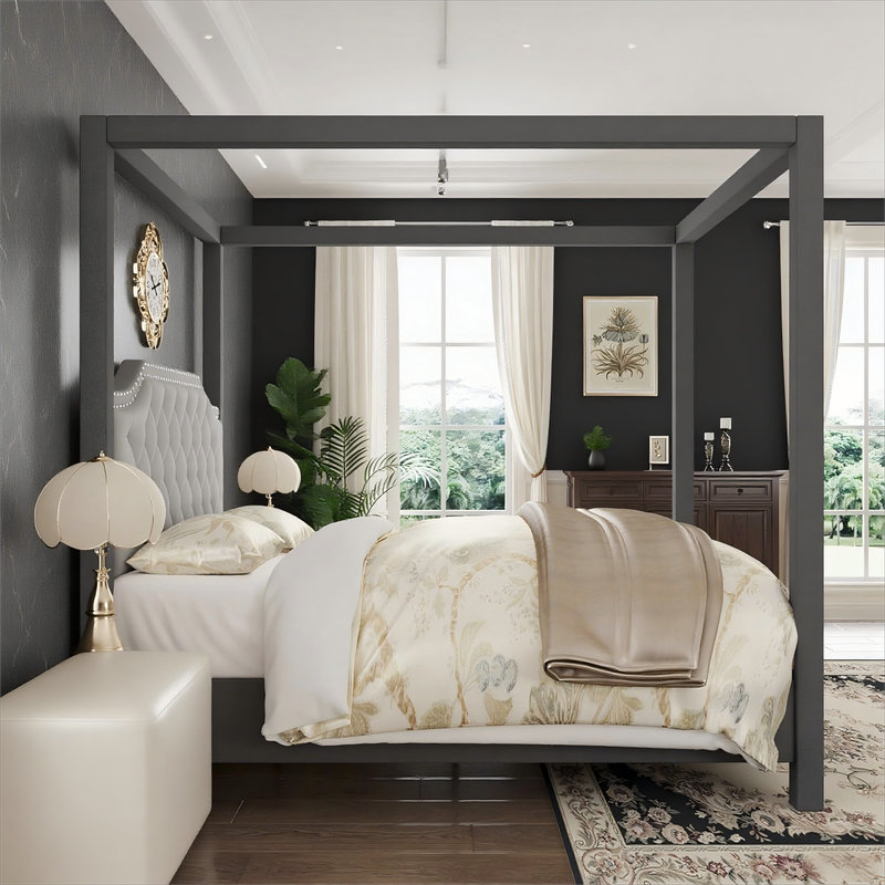 Upholstered Canopy Bed Frame with Tufted Headboard, Nailhead Trim, No Box Spring Needed, Queen, Gray