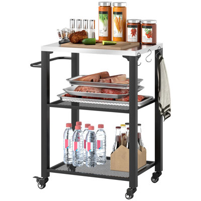 Chariot de gril d'extérieur avec plateau en acier inoxydable, table de préparation de four à pizza mobile avec crochets à outils, poignée latérale et roues pivotantes verrouillables, cuisine d'extérieur pour patio