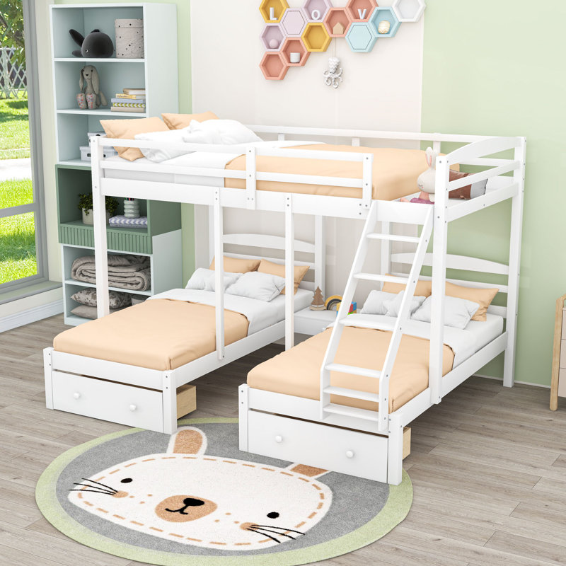Lit superposé double au-dessus de simple et double en bois avec 2 tiroirs