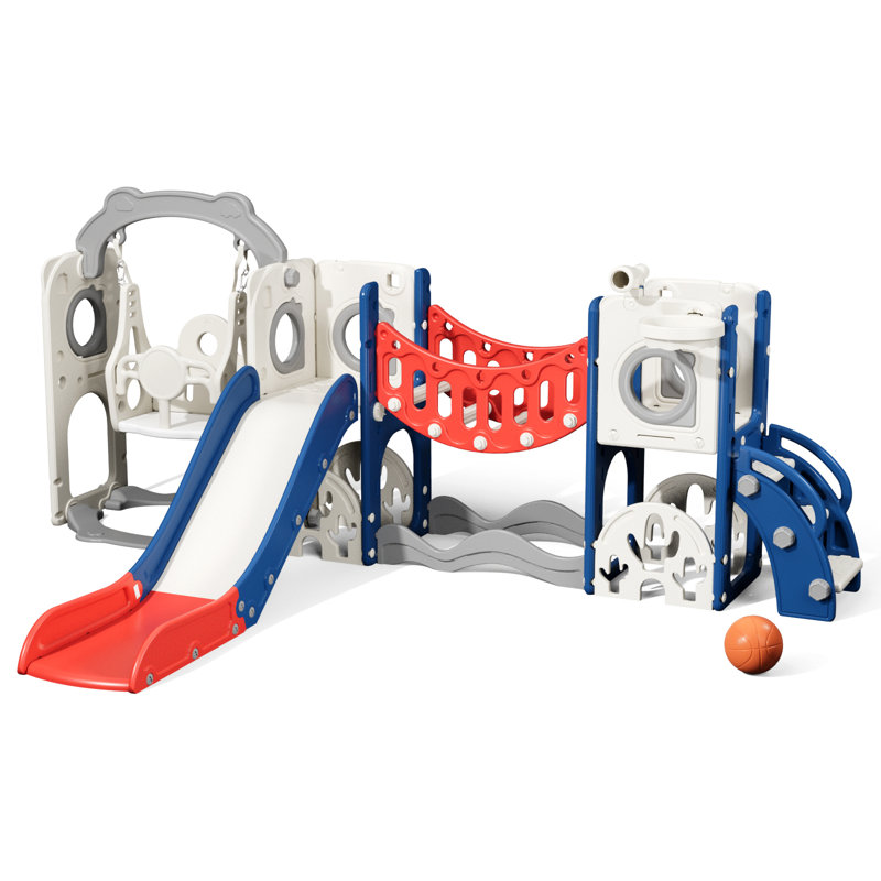 11-In-1 Toddler Slide&Swing Set With Climbing Arch Toy Golf Basketball For Baby 1+ Indoor Outdoor Playset, Blue/Red