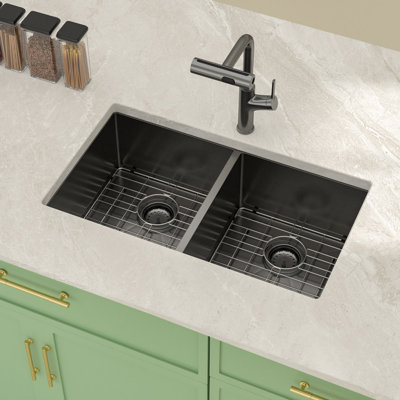 33" L x 19" W Undermount Stainless Steel 50/50 Double Bowl Nano Ti Kitchen Sink with Sink Grid, Strainer and Roll-up Rack