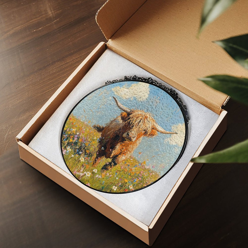 Vache Highland qui traverse des panneaux de vitrail Wildflowers, 3,5 x 3,5 po (9 x 9 cm)