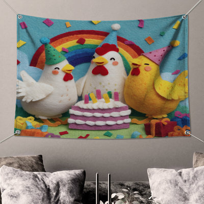 Felt Chickens Birthday Cake Wall Tapestry - Chickens Wall Decor