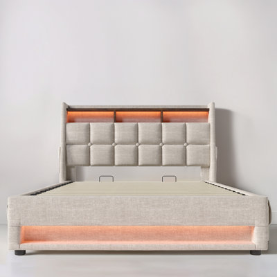 Hydraulic Lift Up Storage Upholstered Platform Bed With Charging And Led Light