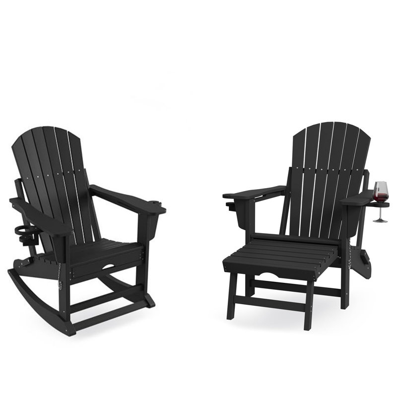 4-in-1 Folding Adirondack Chair with Ottoman & Rocking Base, All-Weather HDPE Patio Chair with Cup Holder, 380 lbs Capacity, 2 PCS
