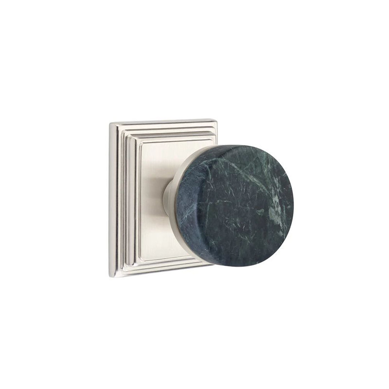 Mortaise intérieure Emtek Select Passage avec rosette Wilshire et tige conique, bouton en marbre vert (LH), Nickel satiné