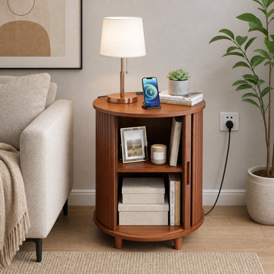 23.6"H Round Fluted End Table With Charging Station & Sliding Door Storage